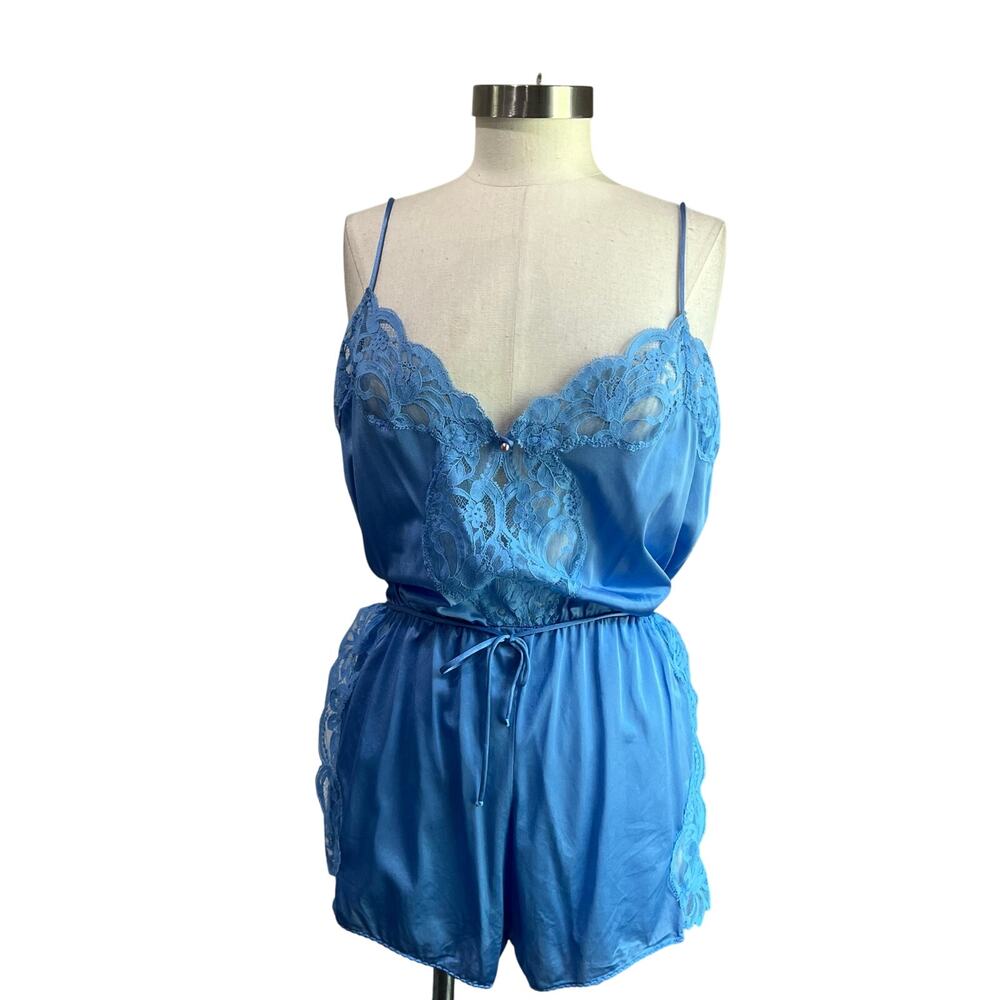 Vintage Lily of France Teddy Romper Lingerie Lace in Blue Sze Large